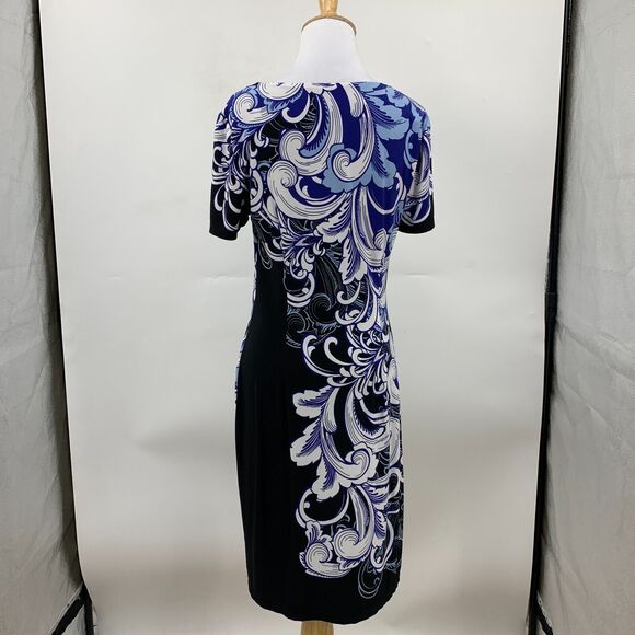 Boston Proper Feather Scroll Sheath Dress Women 10 Black Blue Scoop Neck Stretch - Picture 3 of 12